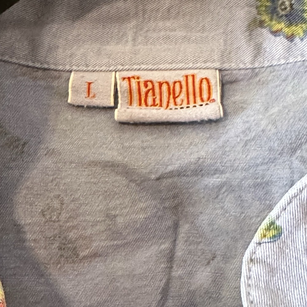 Tianello Blue Floral 3/4 Sleeve Mandarin Collar Button Princess Cut Womens Large - Picture 15 of 16